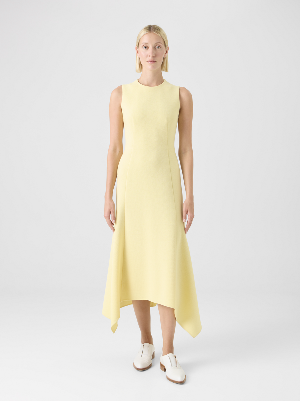 Designer Asymmetrical Wool Crêpe Double-Face Midi Dress - yellow #editorial