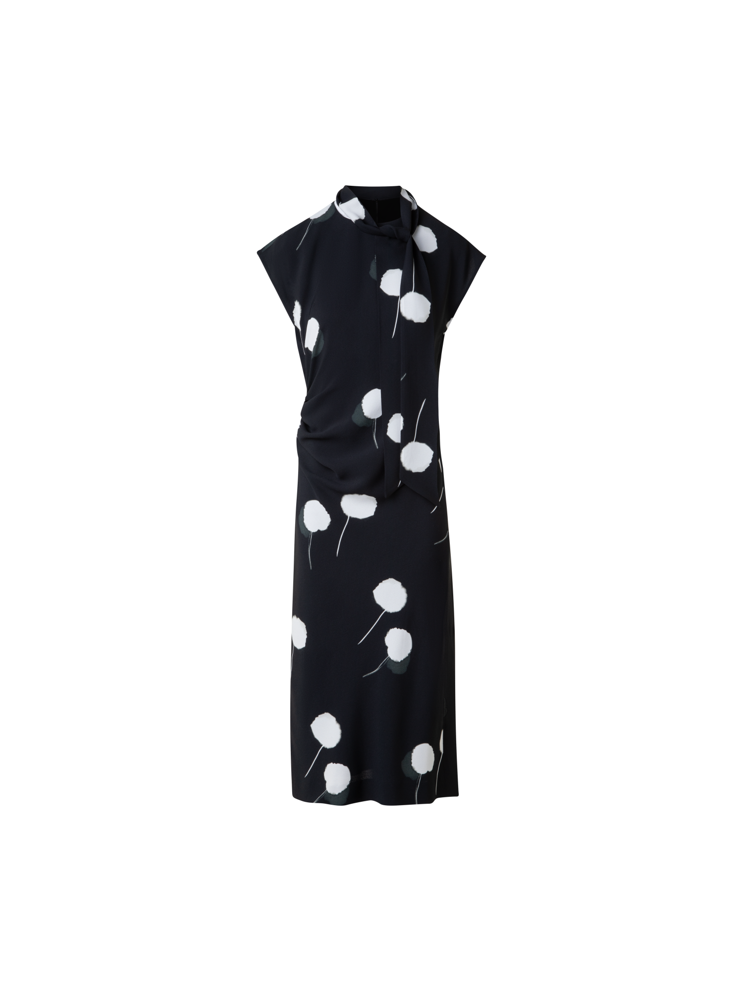 Designer Dandelion Print Midi Dress with Removable Bow - black - multicolor