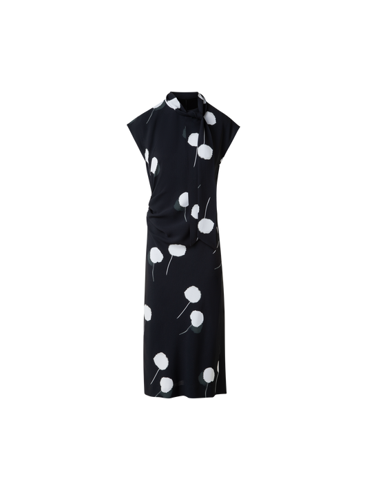 Designer Dandelion Print Midi Dress with Removable Bow - black - multicolor