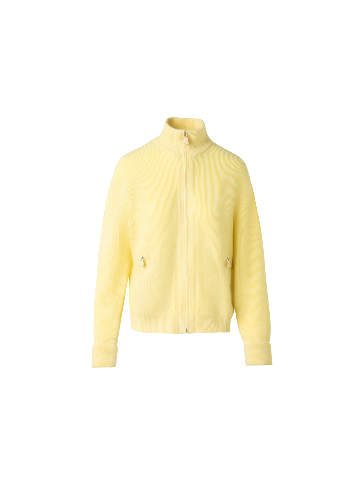 Designer Ribbed Zip Cardigan in Cashmere Knit - pastel - yellow