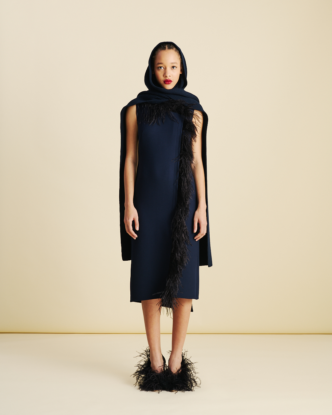 Designer Asymmetrical Midi Dress with Feather Trim - navy - blue - multicolor #editorial