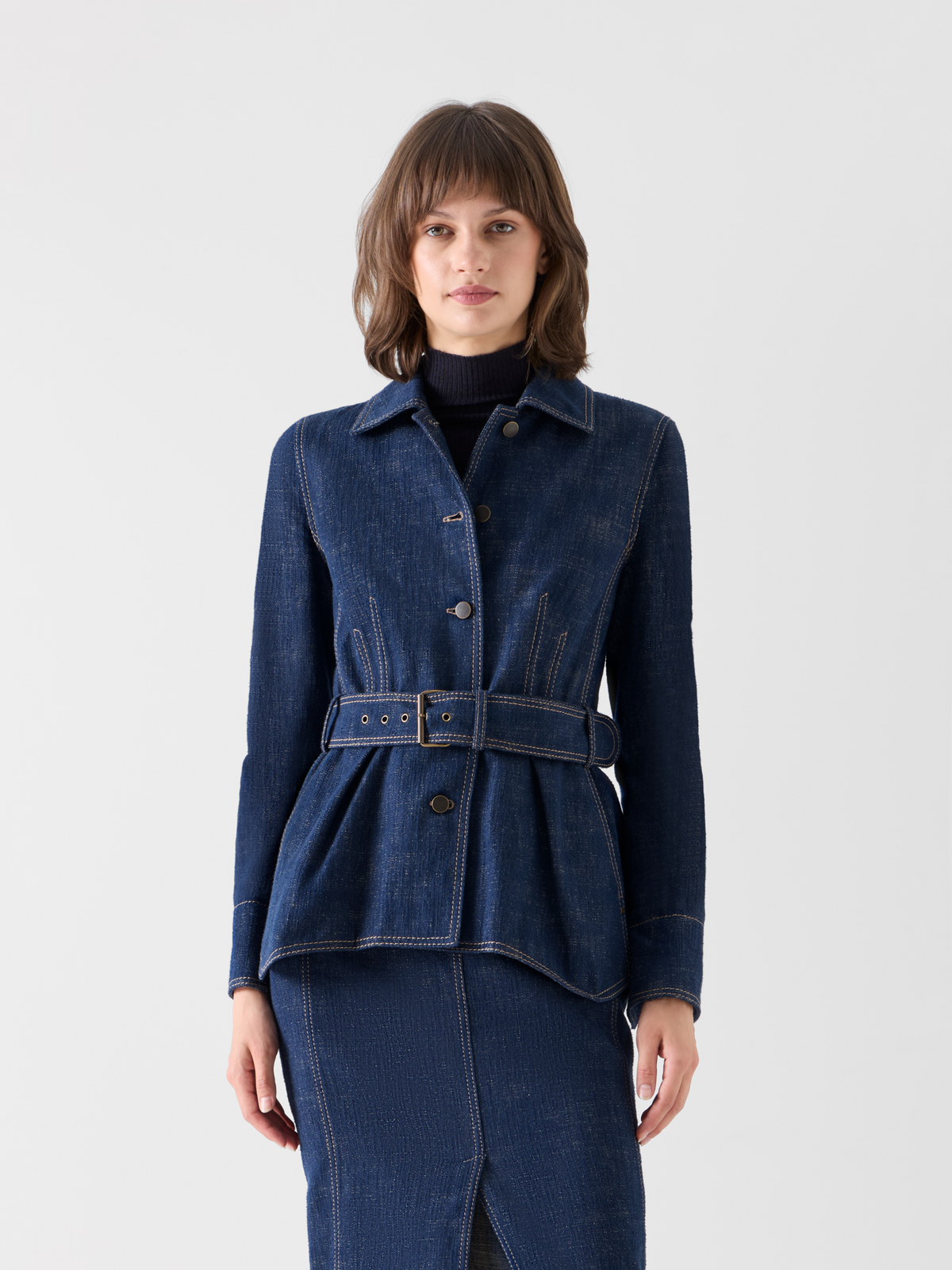 Designer Belted Jacket in Brushed Winter Denim - navy #editorial