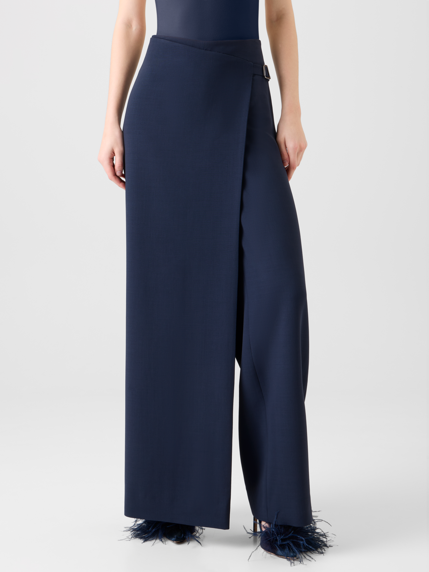 Designer Straight Wool Double-Face Pants with Apron Wrap - neutral - navy - blue 