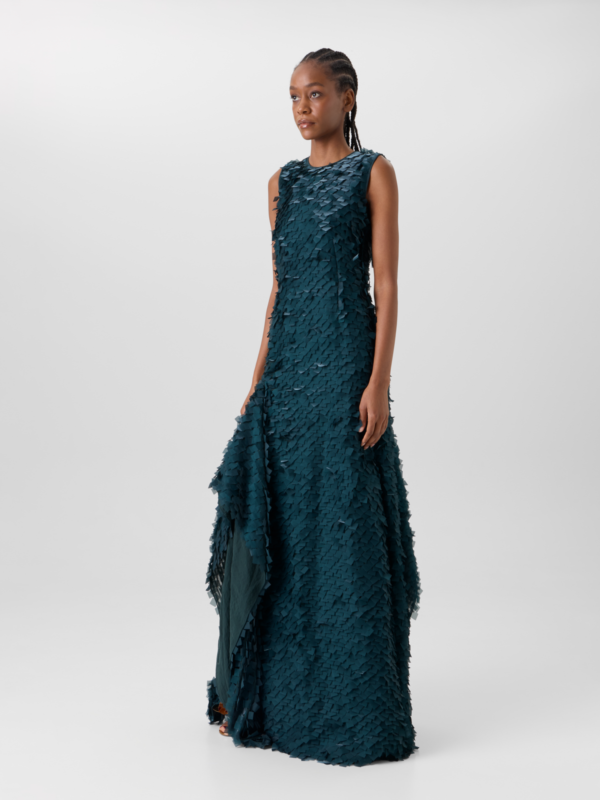 Designer Asymmetrical Gown in Layered Organza Tiles - green 