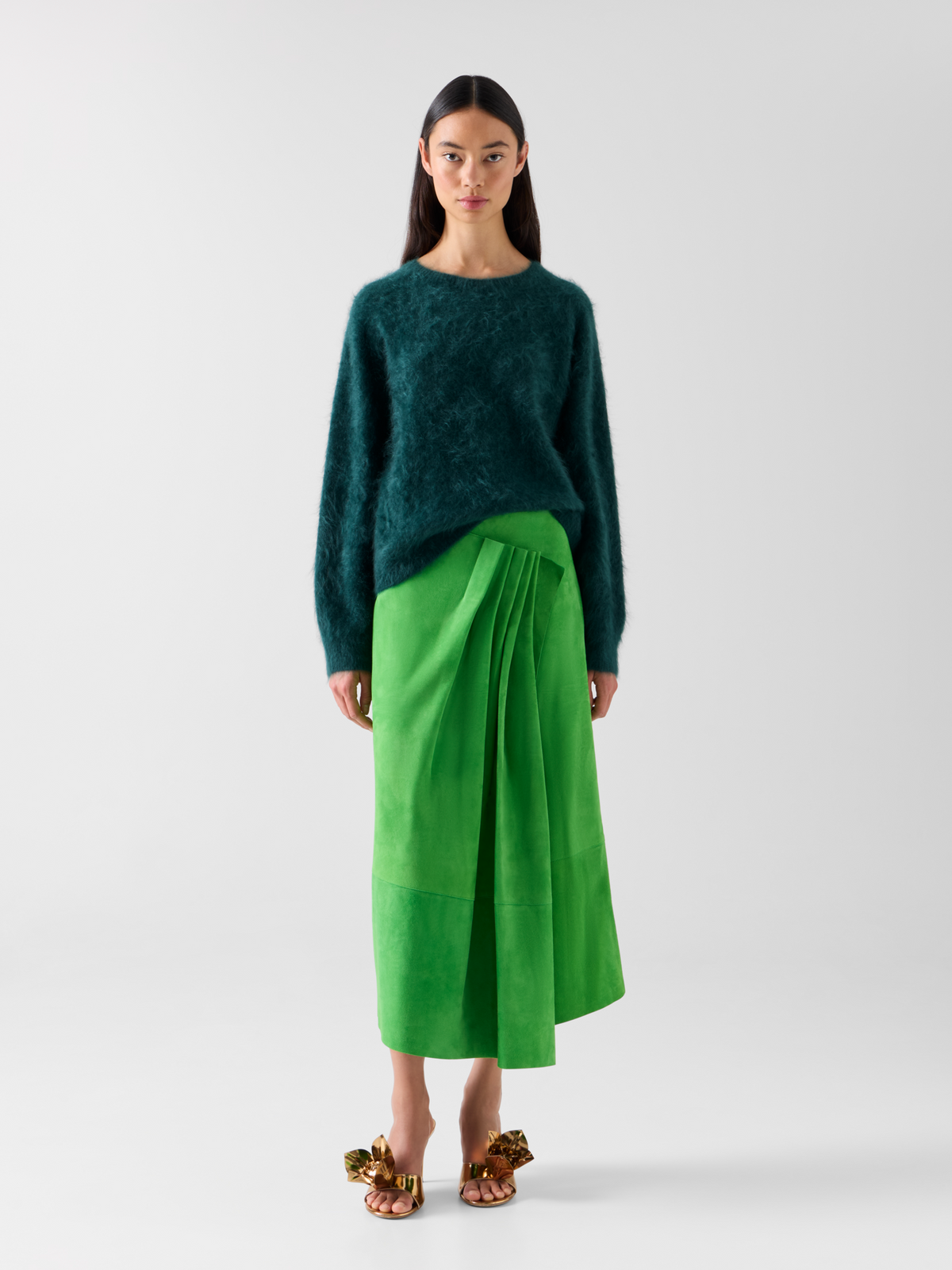 Designer Asymmetrical Skirt with Front Gathering in Suede - green 