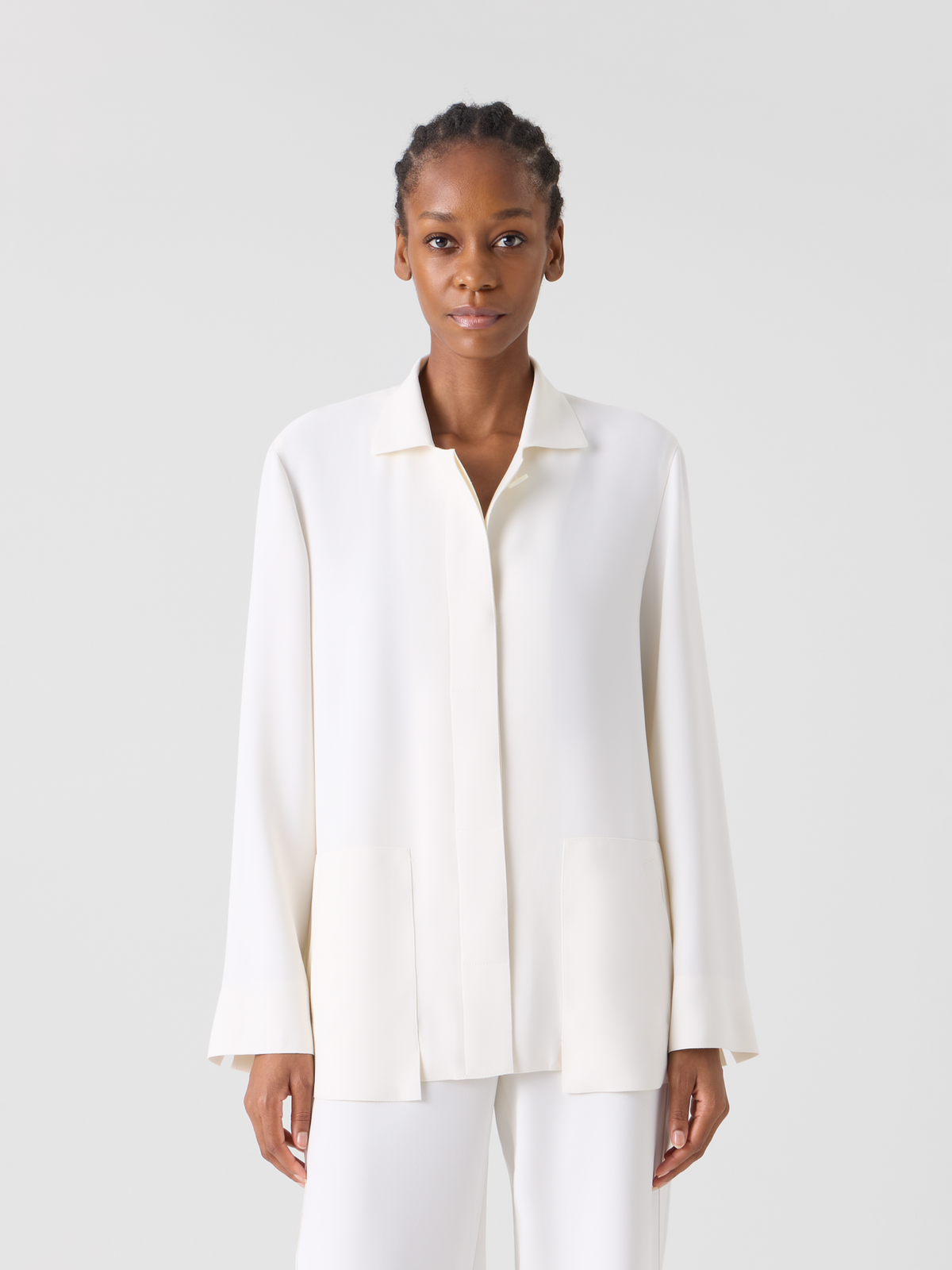 Designer Harp Long Techno Crêpe Jacket with Patch Pocket - ecru #editorial