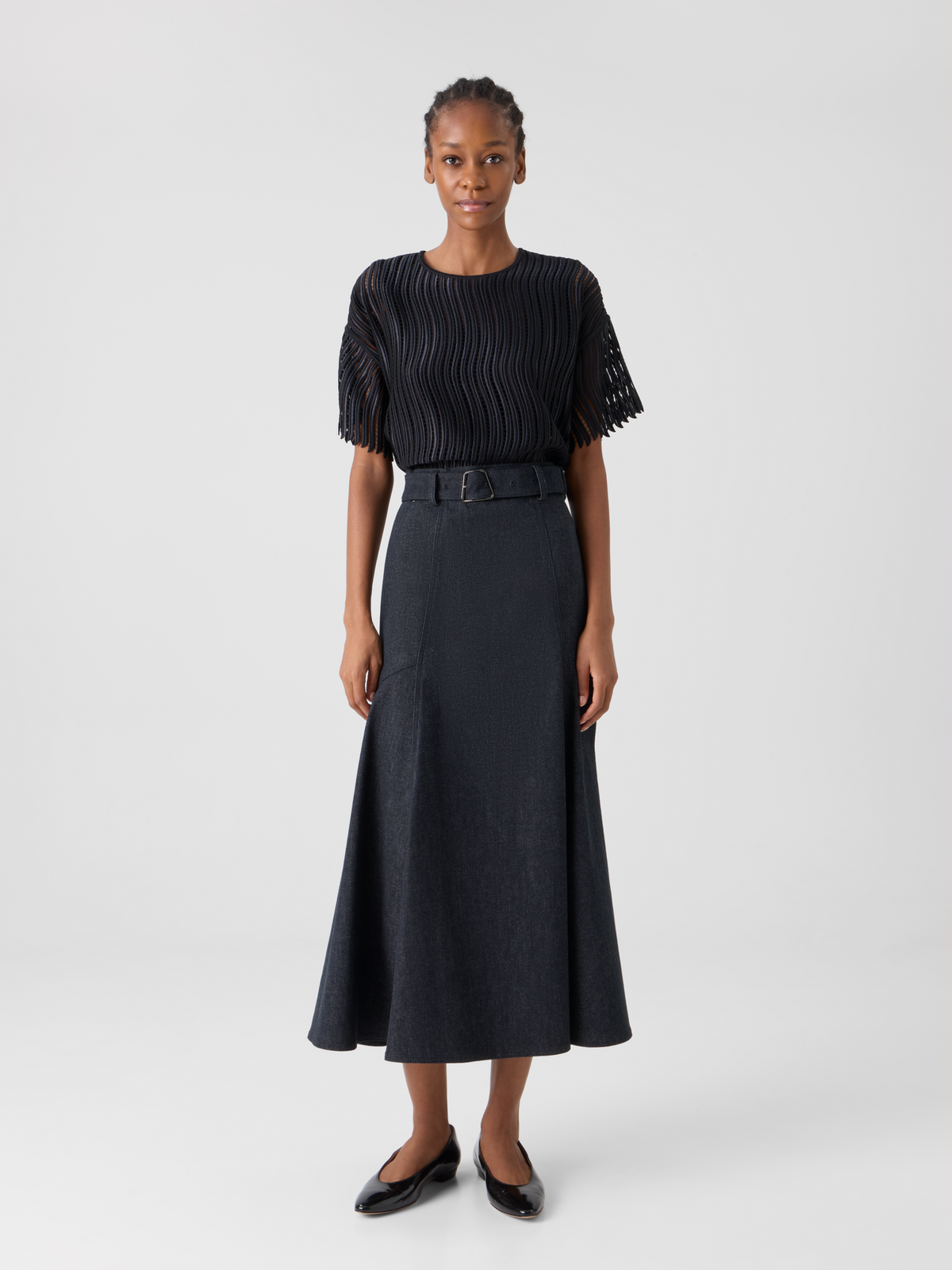 Designer Denim A-line Midi Skirt - black