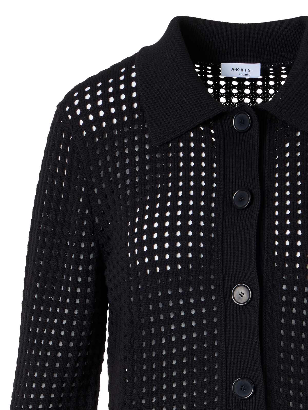 Designer Short Long-Sleeve Chunky Cotton Mesh Knit Cardigan - black