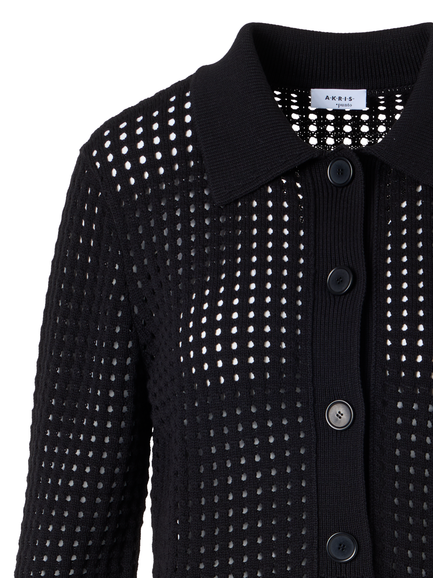 Designer Short Long-Sleeve Chunky Cotton Mesh Knit Cardigan - black