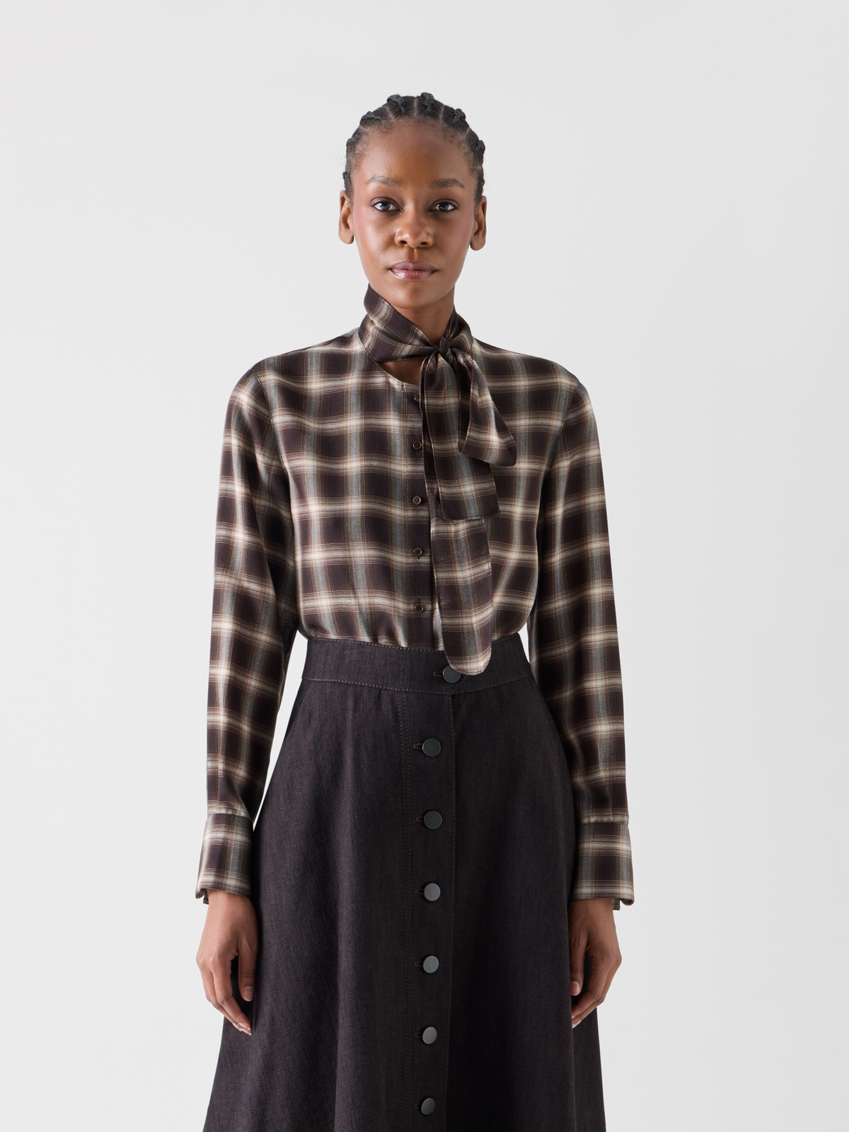 Designer Plaid Blouse in Wool Shelley with Bow Collar - brown - multicolor 