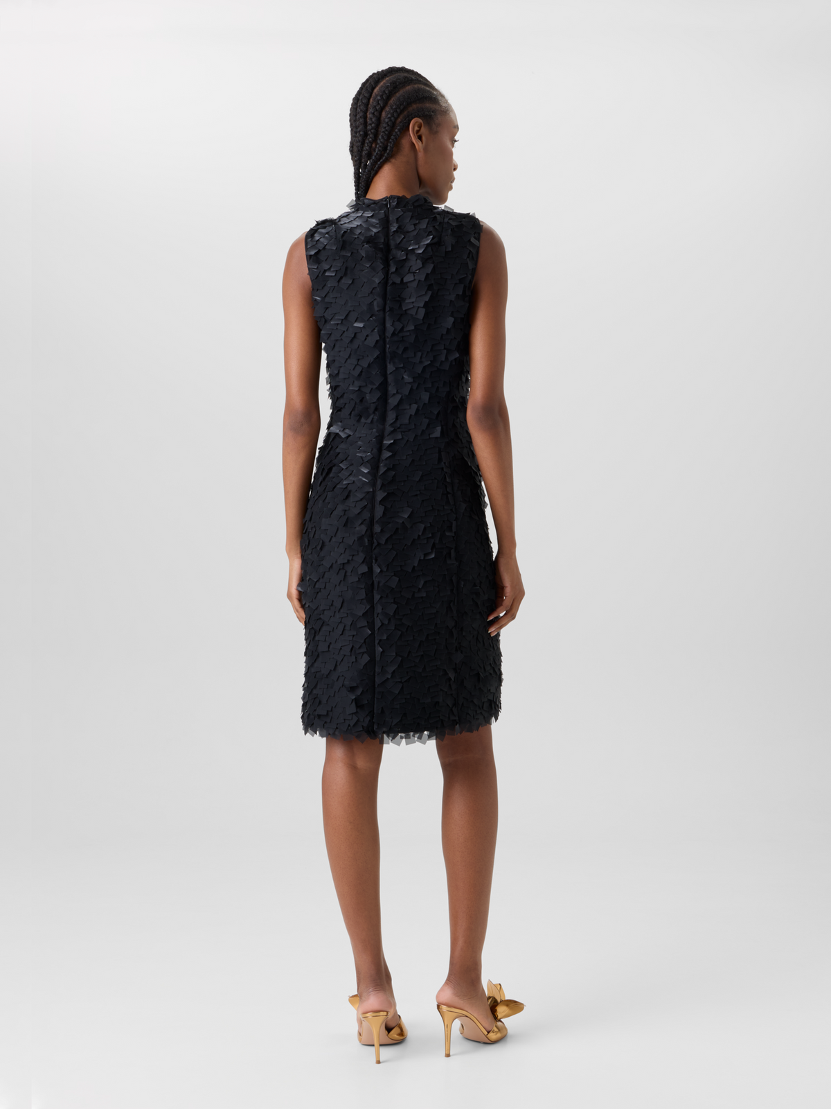 Designer Sleeveless Sheath Dress in Layered Organza Tiles - black 