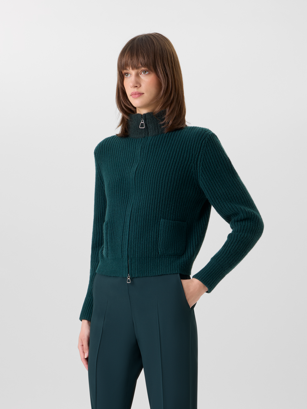 Designer Wool Cashmere Short Cardigan with Bouclé Collar - green 