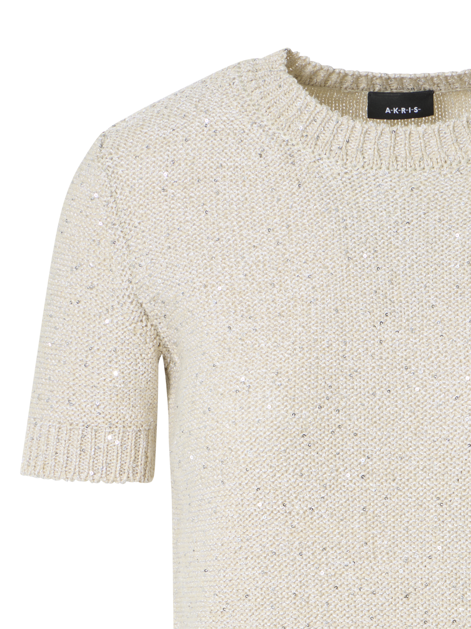 Designer Sequined Short Sleeve Linen Cotton Sweater - neutral - beige