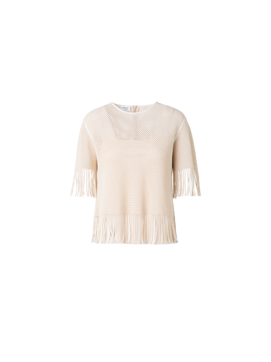 Designer T-Shirt in Cotton Mesh wth Fringes - neutral - pastel - beige