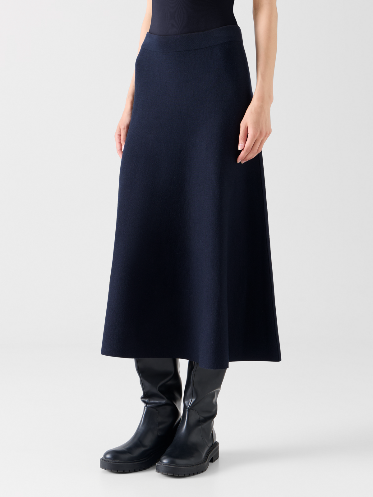 Designer Milano Knit Flared Midi Skirt - navy #editorial