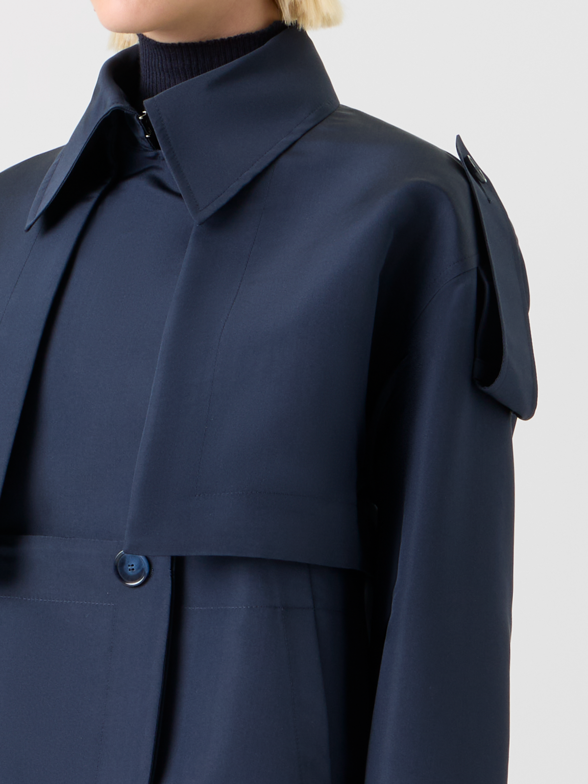 Designer Short Silk Trench Coat with Removable Bolero - neutral - navy - blue #editorial