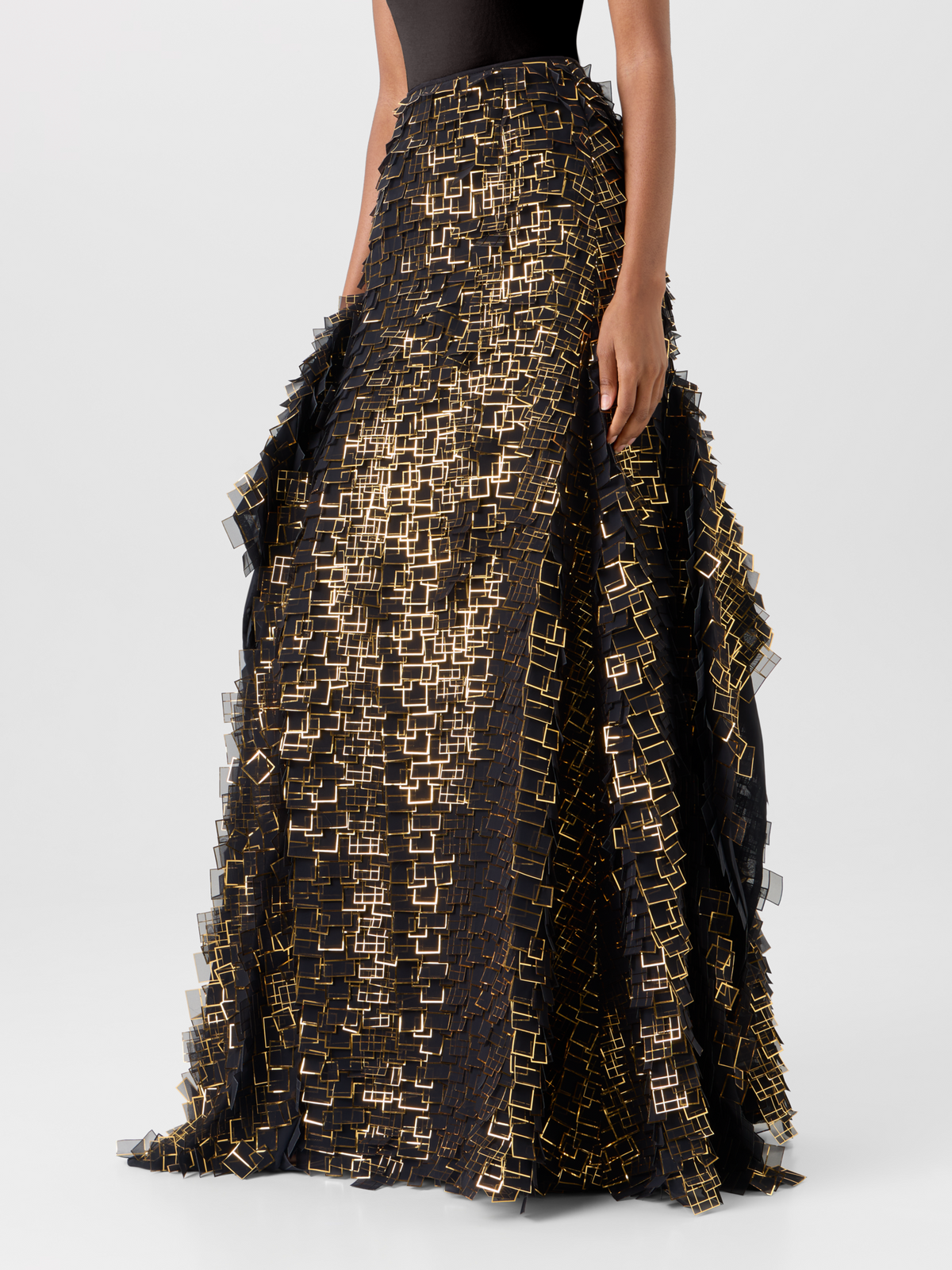 Designer Asymmetrical Maxi Skirt in Golden Frame Organza Tiles - gold - multicolor - black 