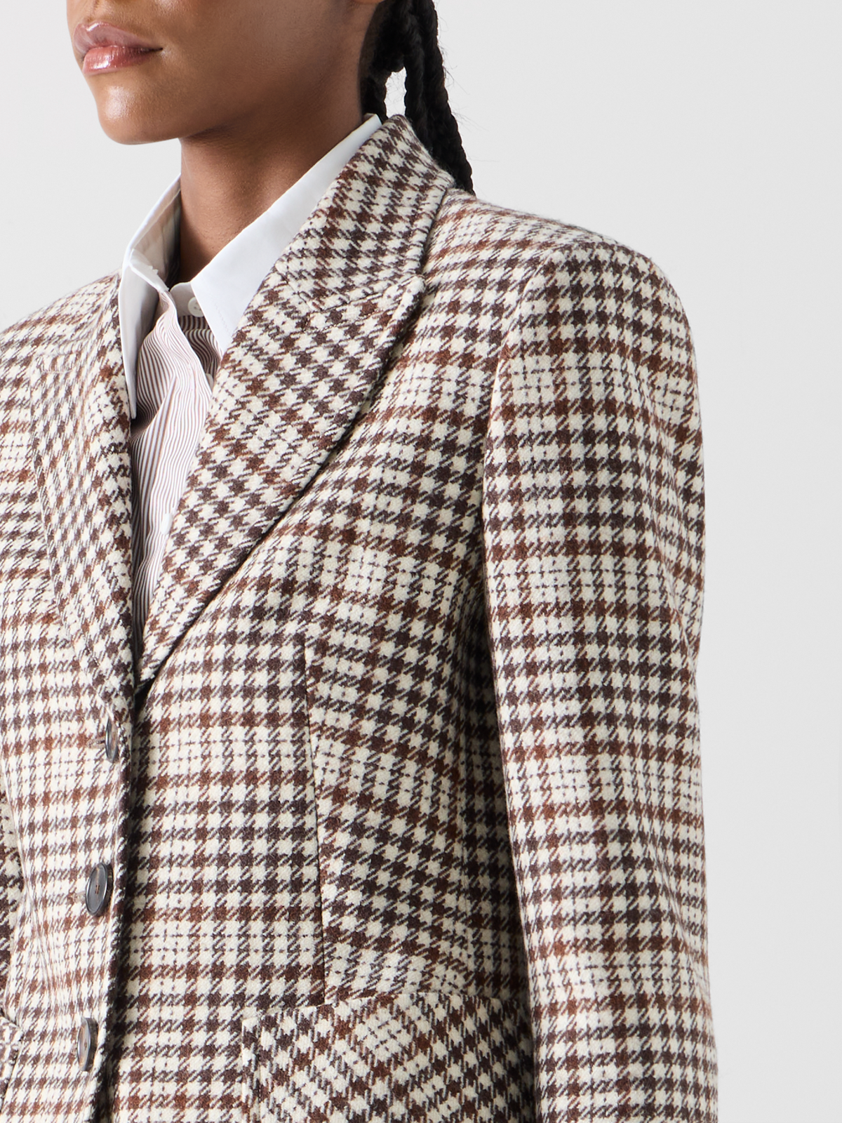 Designer Fitted Jacket in Check Wool Blend Tweed - multicolor - brown #editorial