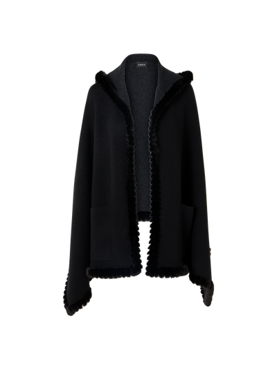Designer Reversible Hooded Cashmere Cape with Mink Trim - grey - black