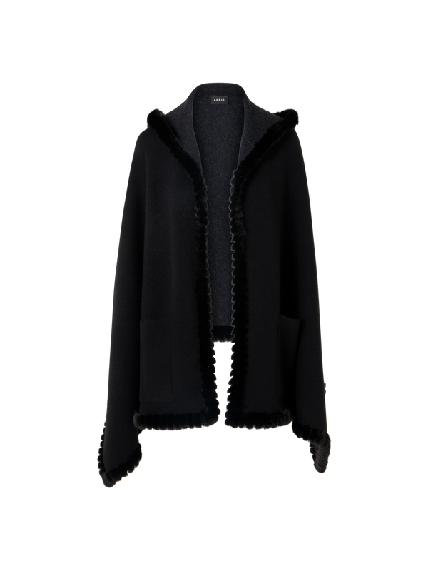 Designer Reversible Hooded Cashmere Cape with Mink Trim - grey - black