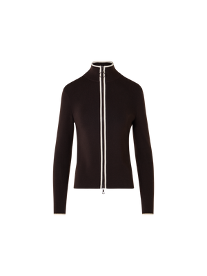 Designer Zipped Cardigan with Contrast Piping - brown