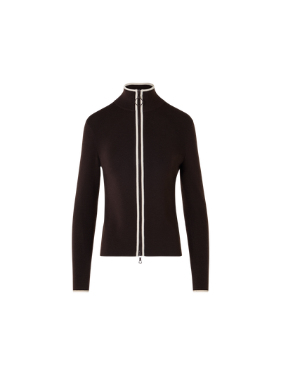 Designer Zipped Cardigan with Contrast Piping - brown