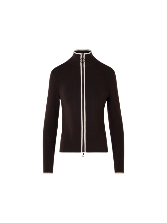 Designer Zipped Cardigan with Contrast Piping - brown
