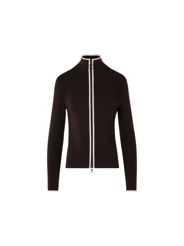 Designer Zipped Cardigan with Contrast Piping - brown