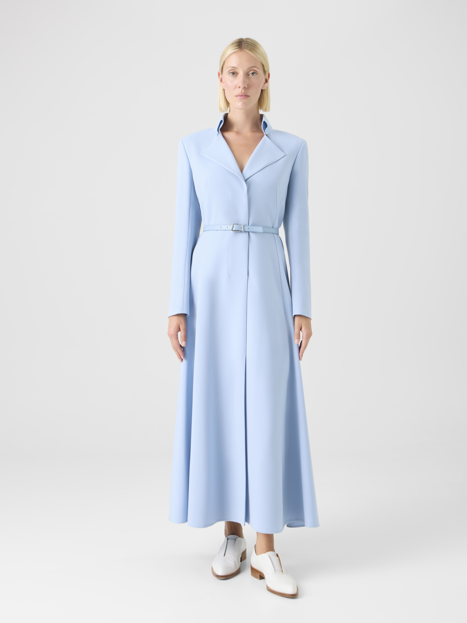 Designer Wool Double-Face Midi Dress with Belt - blue 