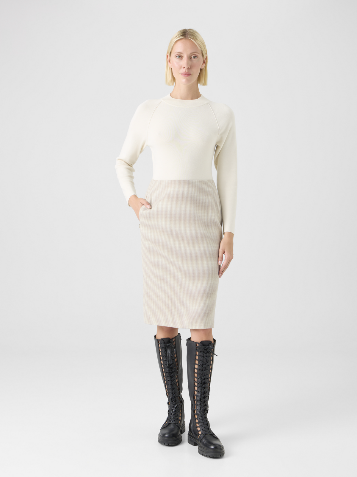 Designer Cashmere Pepita Pencil Skirt - beige #editorial