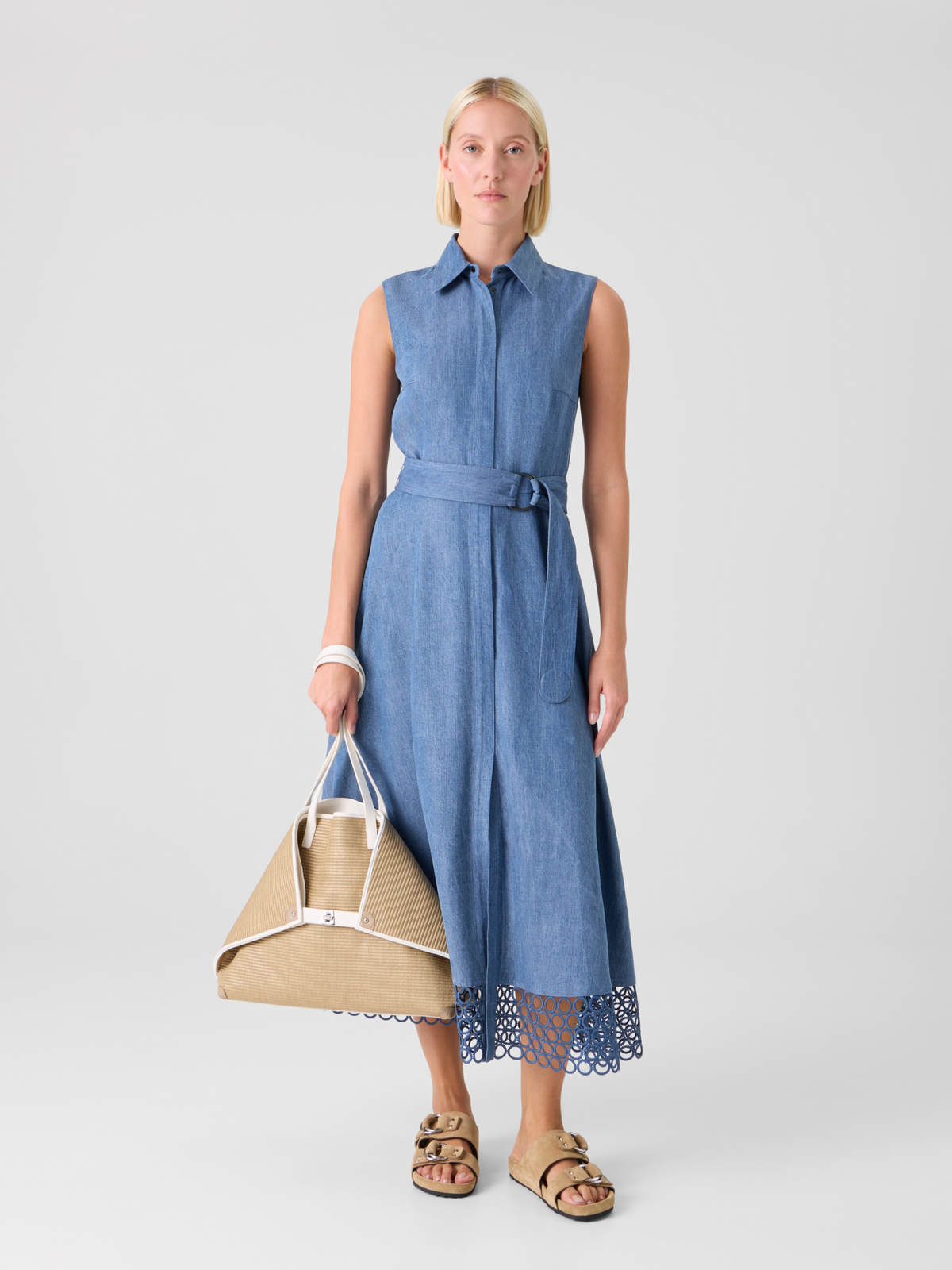 Designer Denim Shirt Dress with Eyelet Guipure - blue