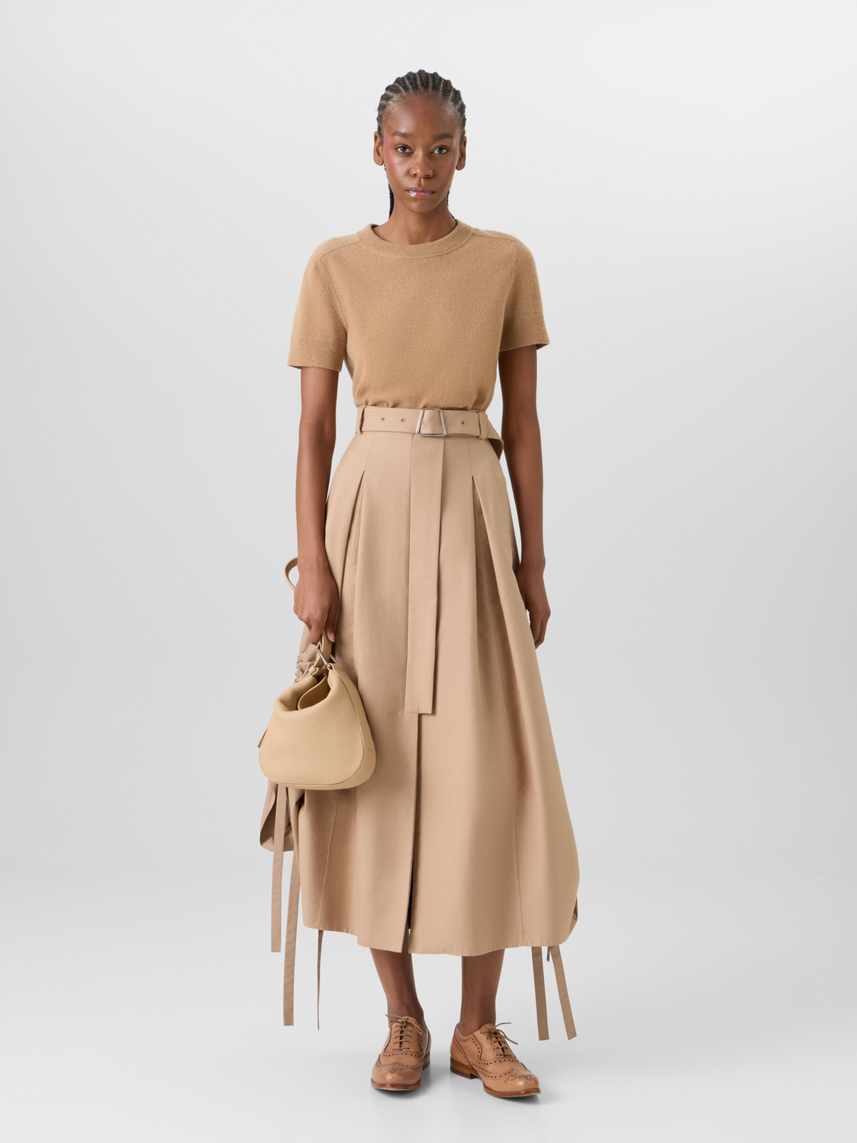 Designer Flared Cotton Double-Face Midi Skirt - beige #editorial