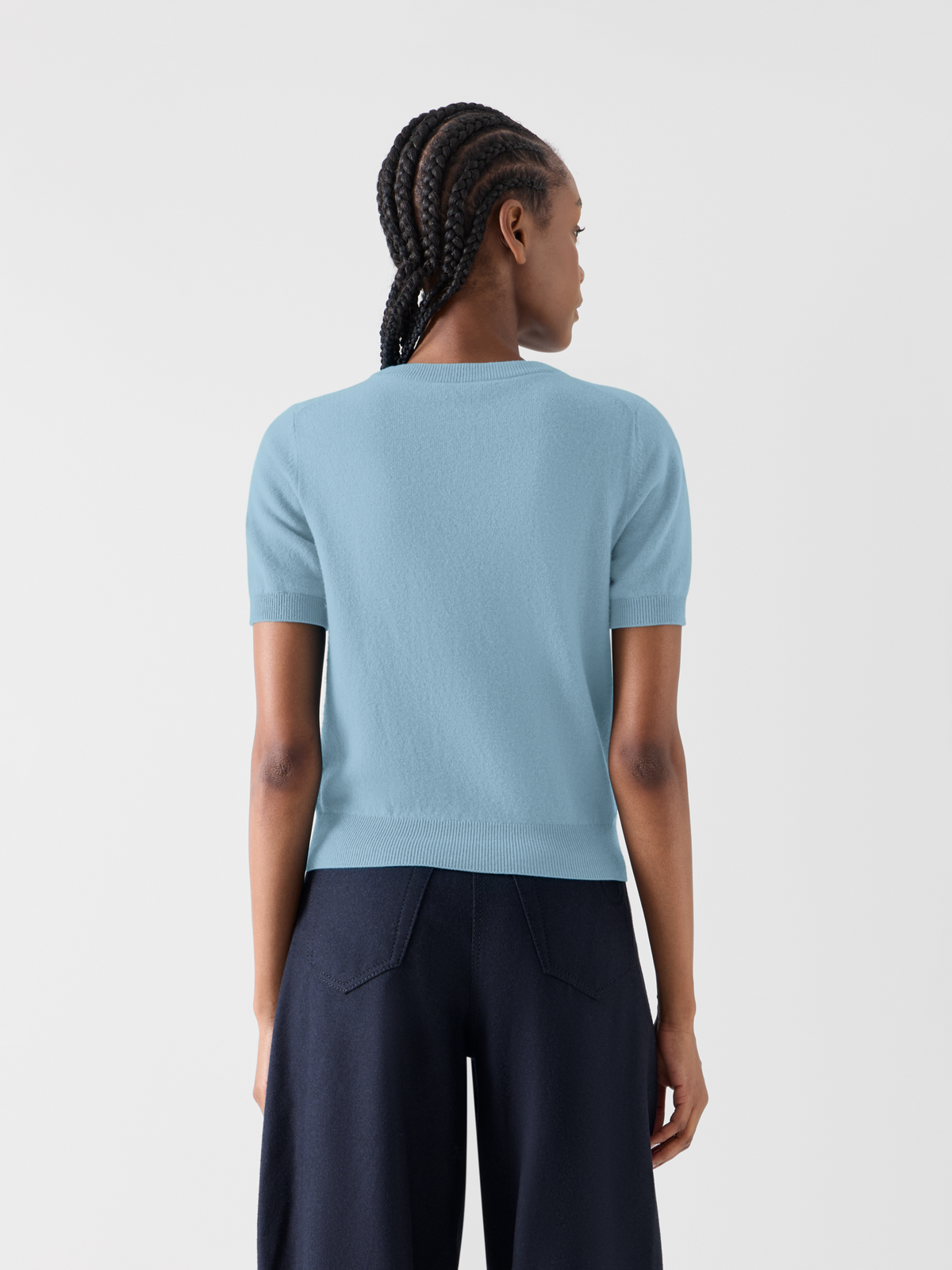 Designer Wool Cashmere Knit Sweater with Short Sleeves - blue 