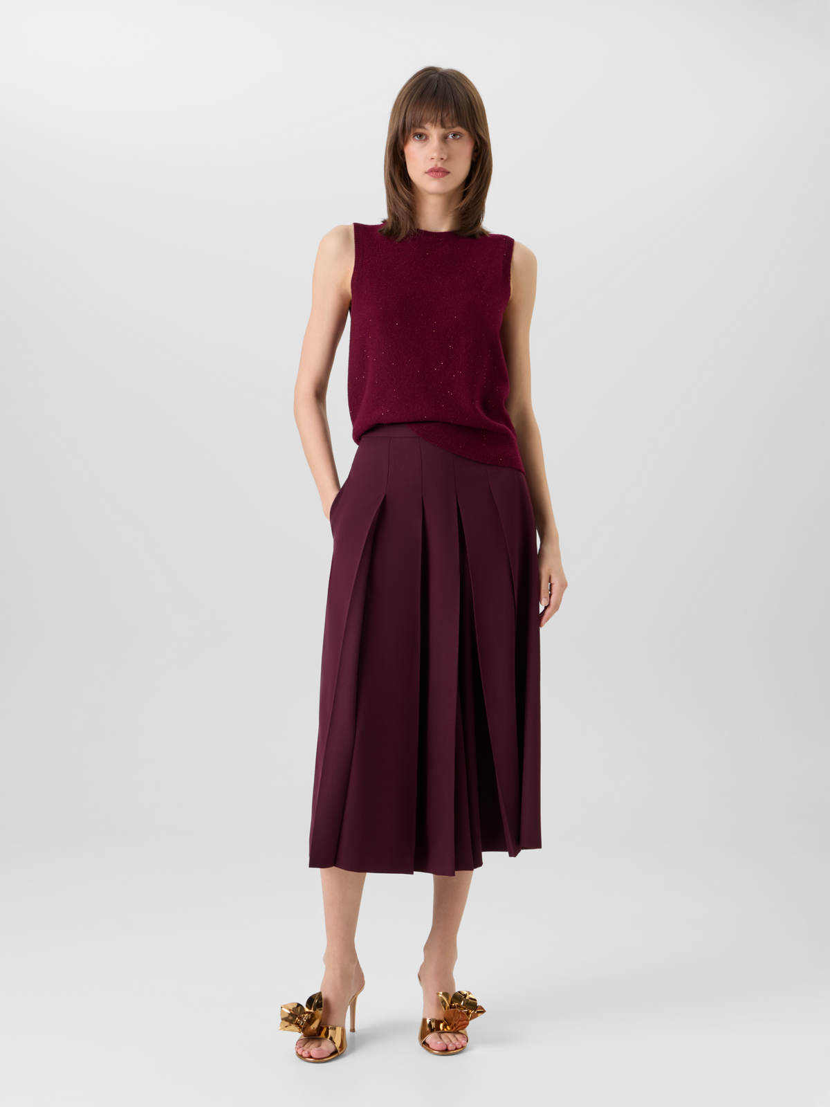 Designer Sleeveless Cashmere Lamé Top with Fine Sequins - wine - red #editorial