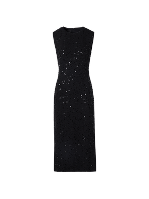 Designer Sleeveless Cotton-Wool Tweed Midi Sheath Dress with Sequins - black