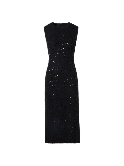 Designer Sleeveless Cotton-Wool Tweed Midi Sheath Dress with Sequins - black