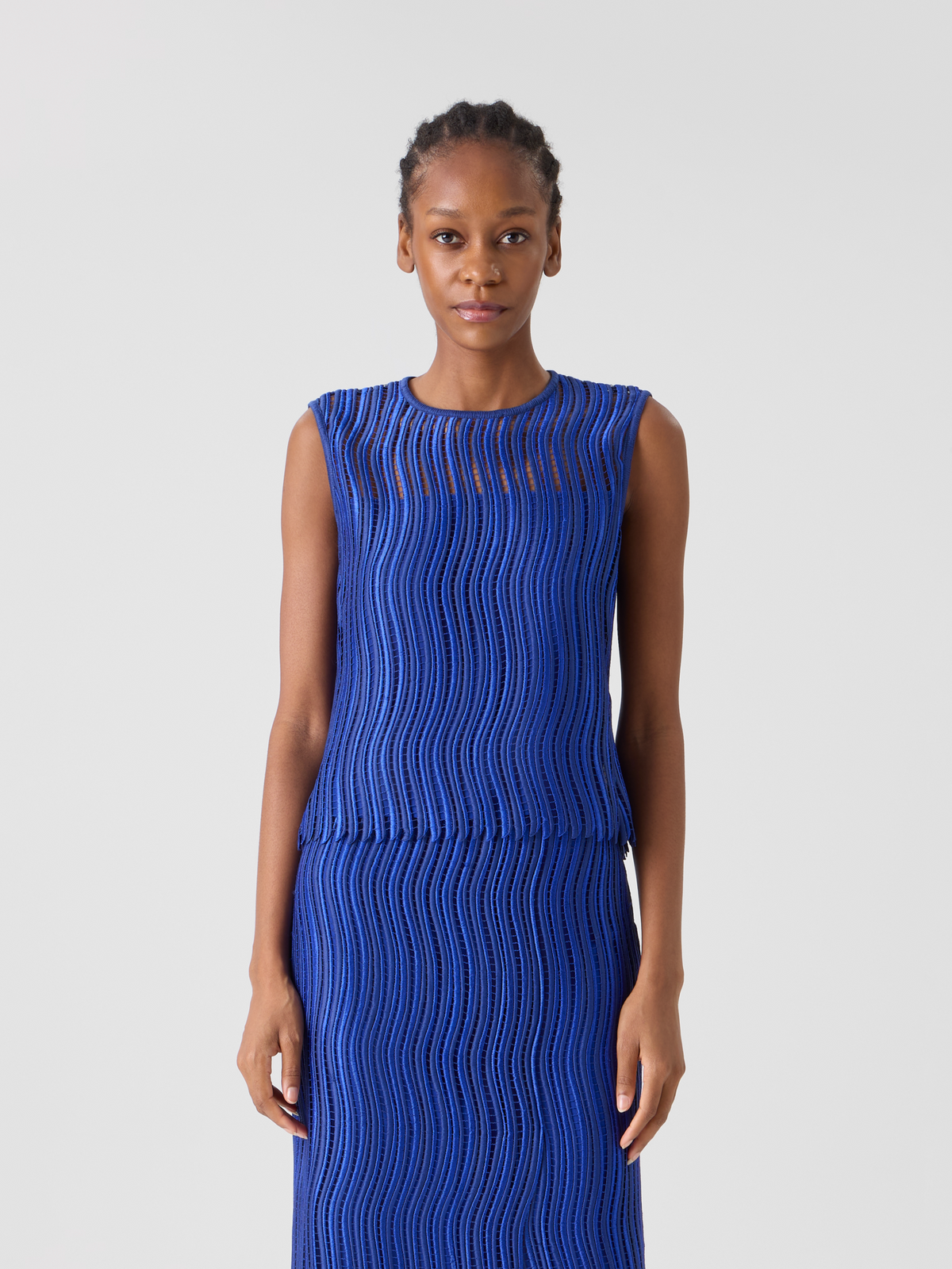 Designer Sleeveless Blouse in Wave Guipure - blue