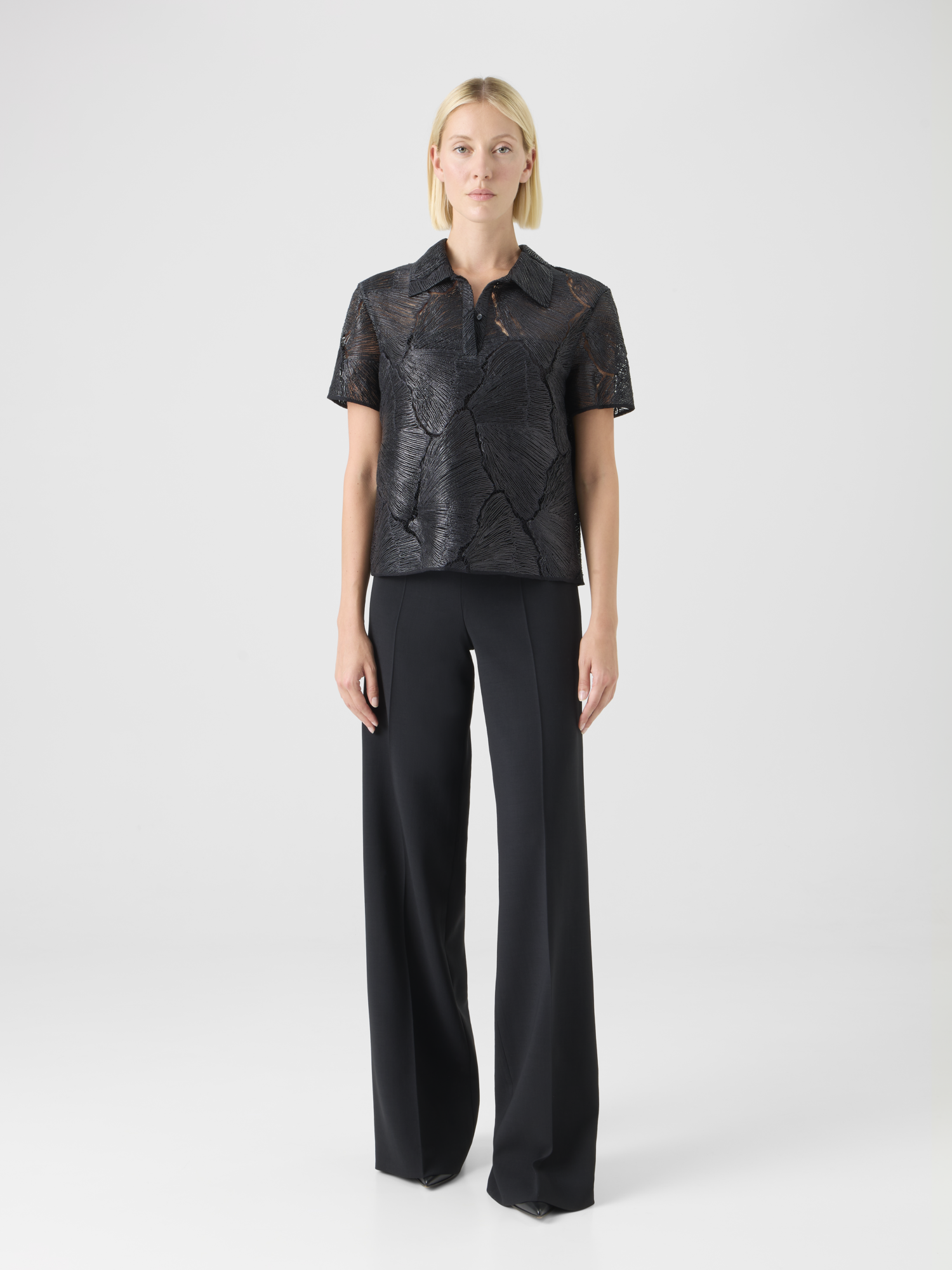 Designer Polo Blouse in Lacquered Sea Fan Lace  - black 