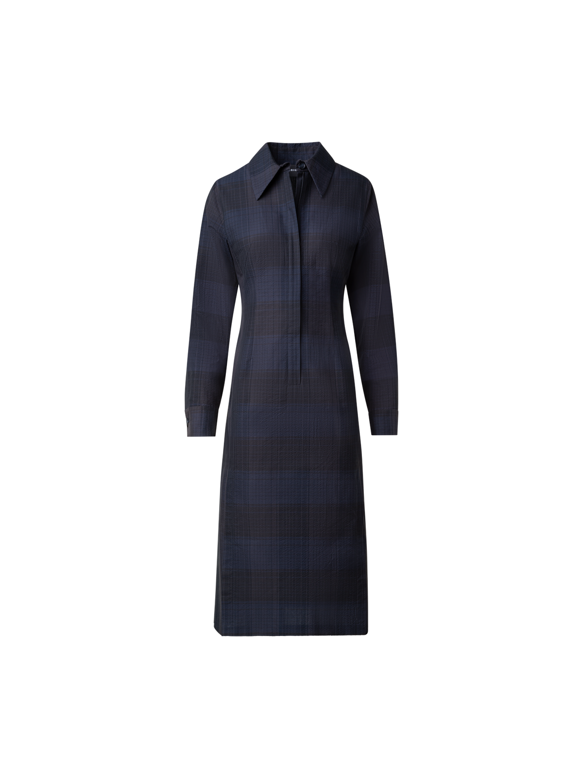 Designer Midi Shirt Dress in Cotton Silk Seersucker - navy
