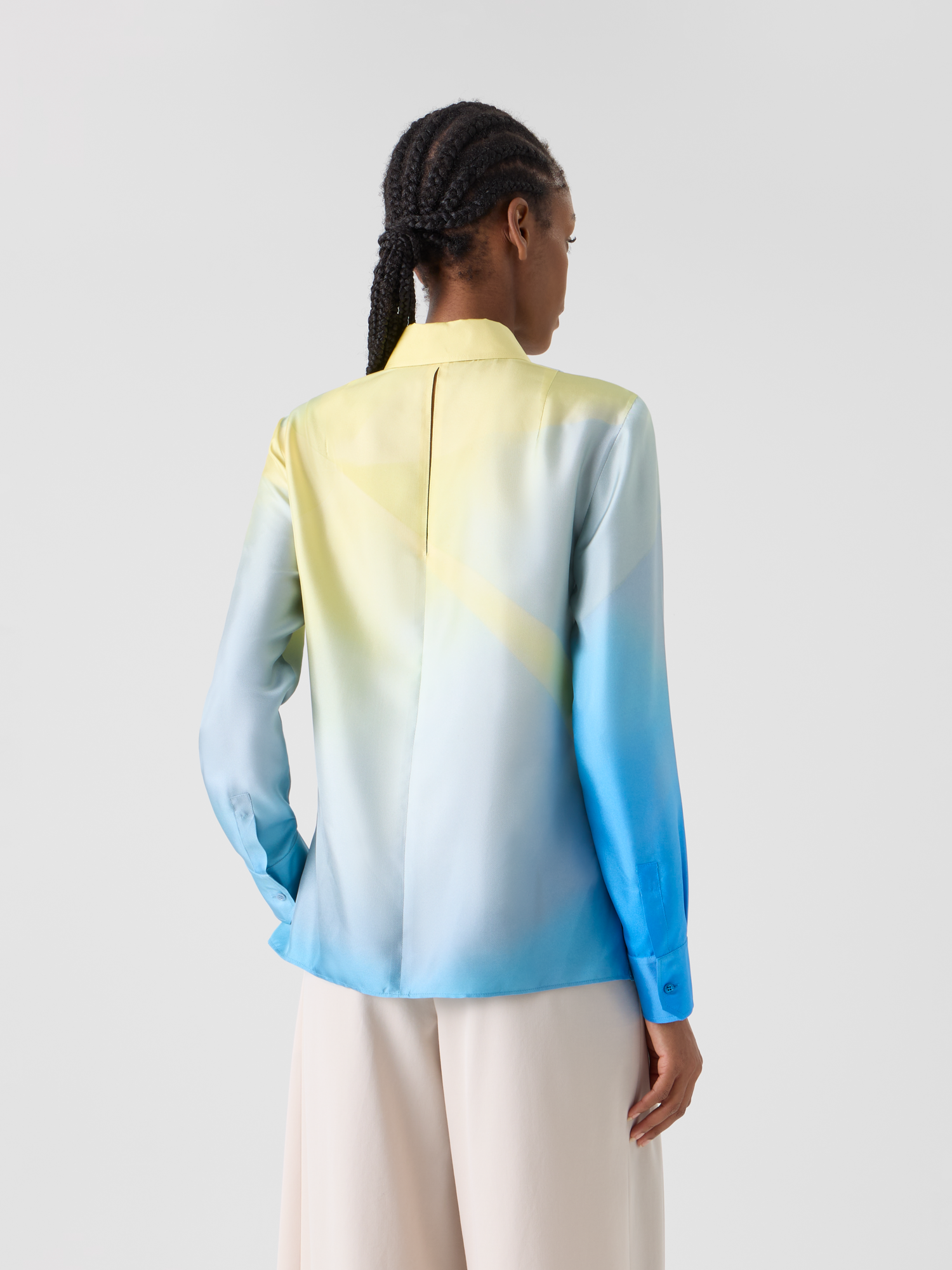 Designer Silk Twill Tunic Blouse with Sunbeam Print - blue - multicolor 