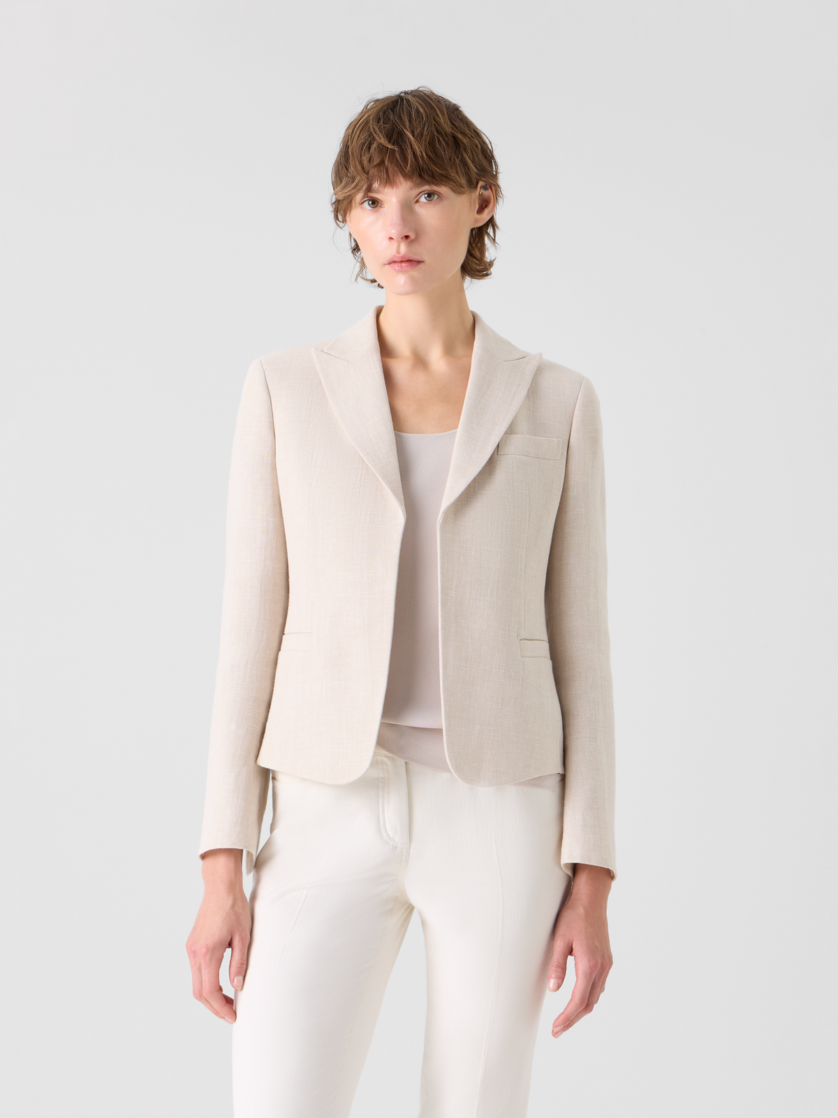 Designer Deneuve Short Fitted Jacket in Linen Wool Double-Face - neutral - beige #editorial