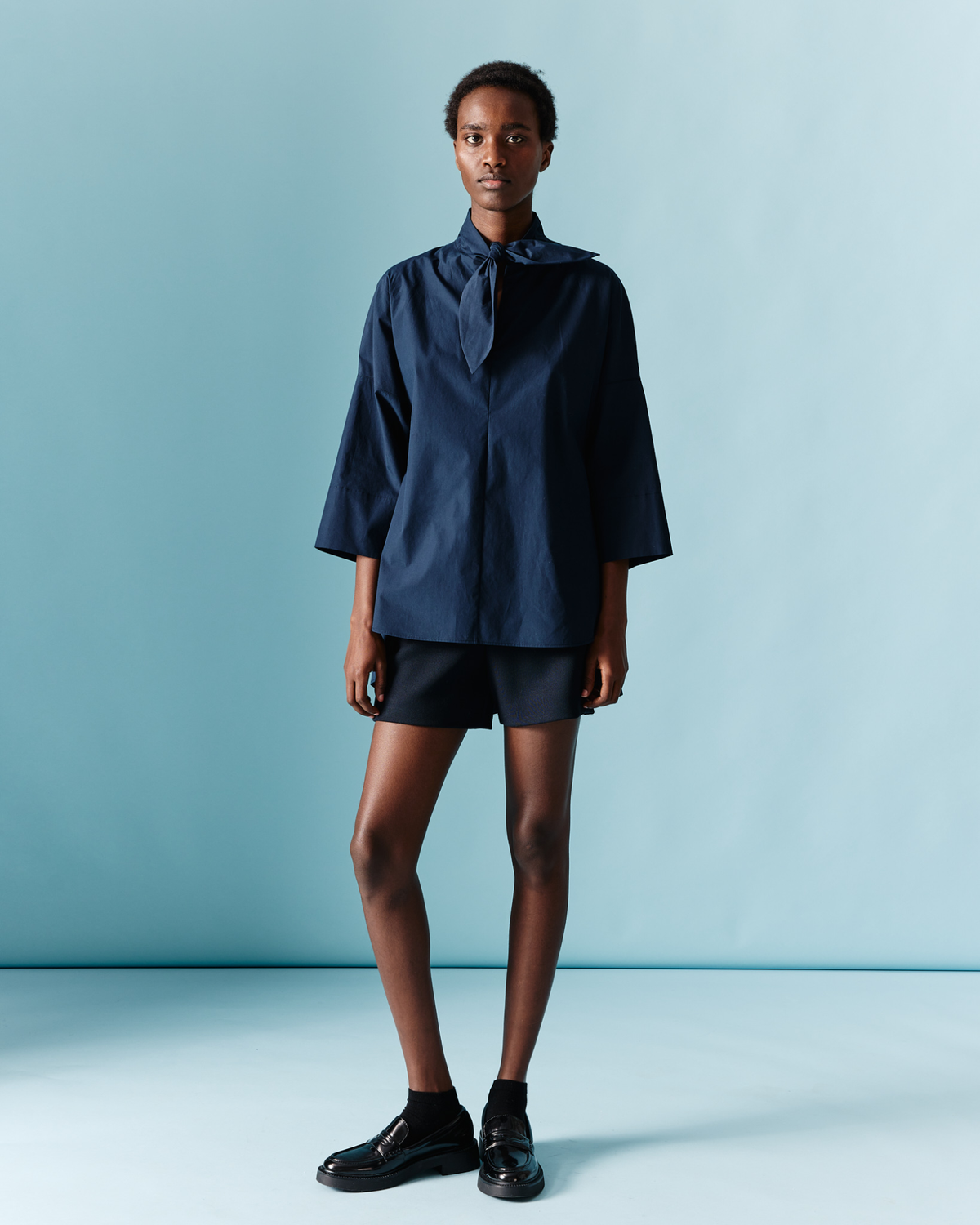 Designer Tunic Blouse in Cotton with Collar Knot - navy - blue #editorial