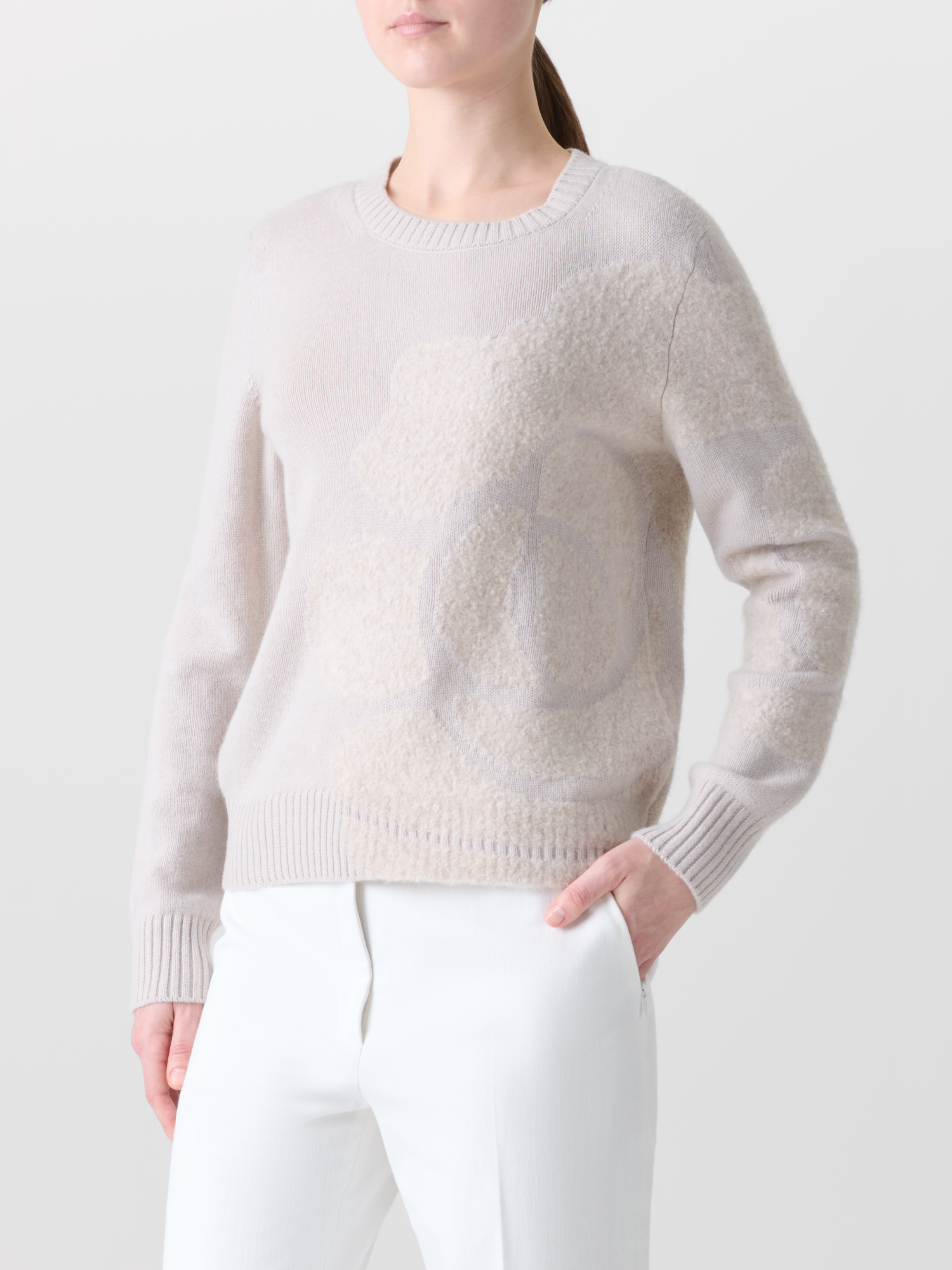 Designer Cashmere Sweater with 3D Anemone Intarsia - neutral - grey - beige