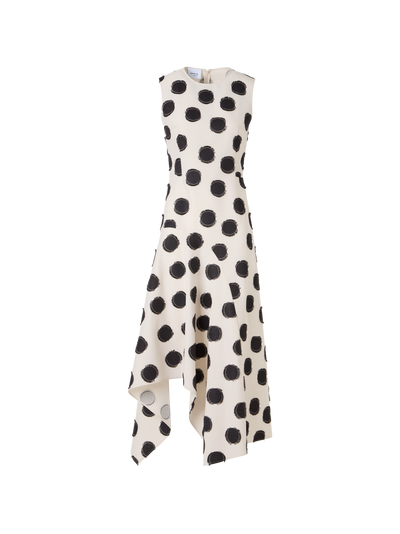 Designer Sleeveless Fringed Polka-Dot Midi Dress - white