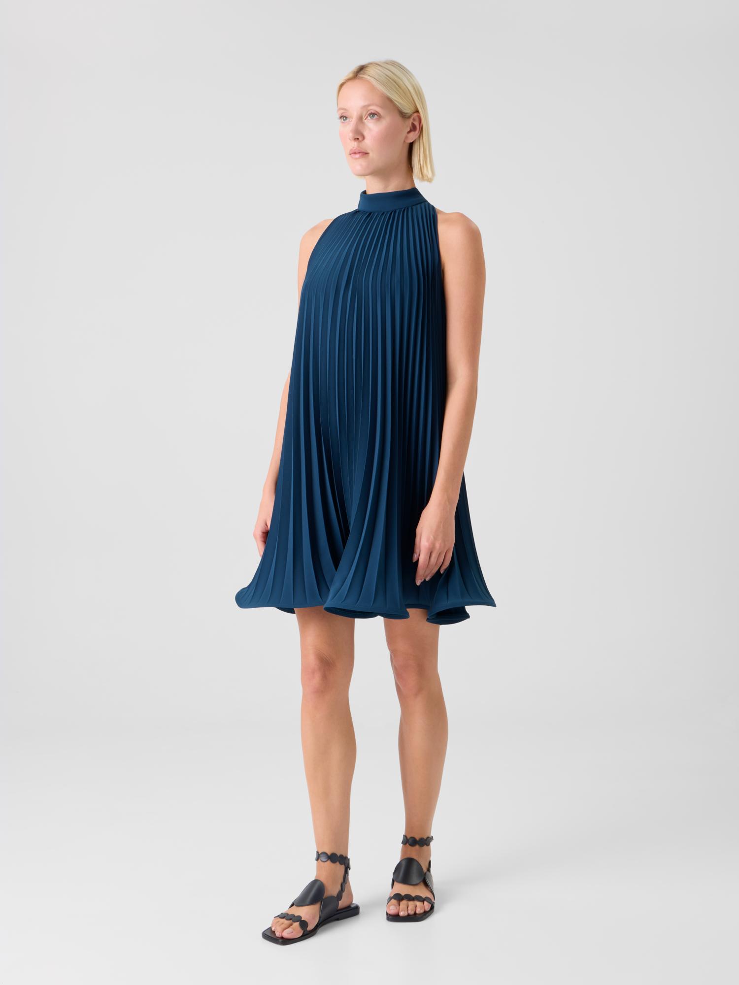 Designer A-Line Plissé Halter Mini Dress - navy