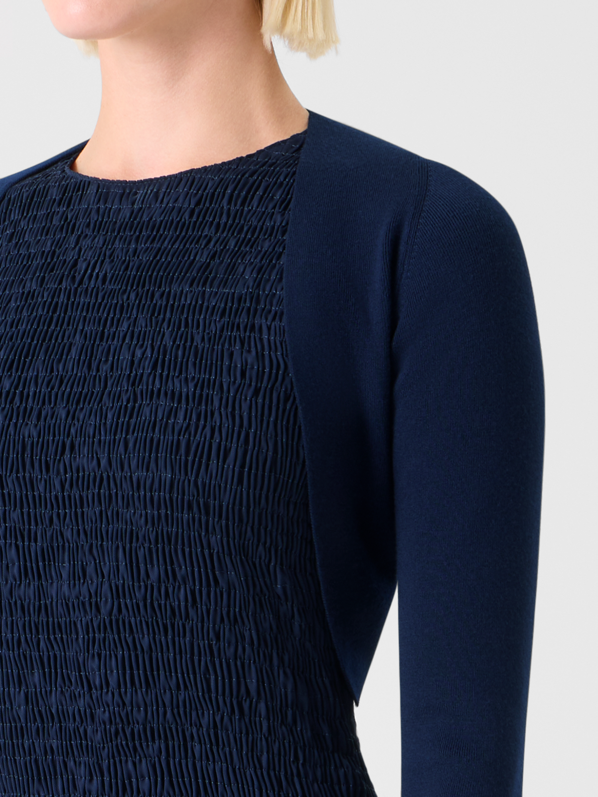 Designer Merino Wool Cropped Bolero Cardigan - navy - blue