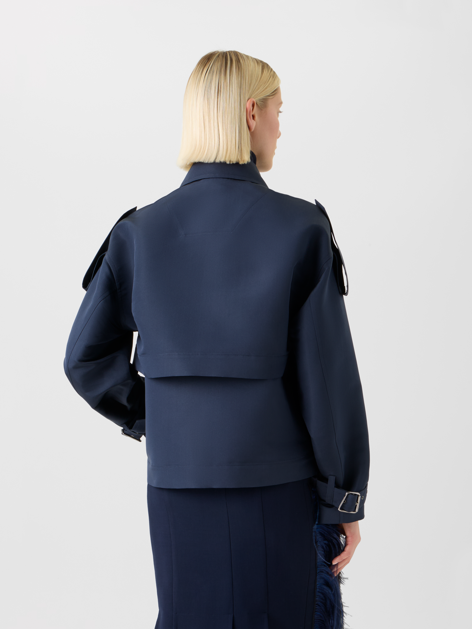 Designer Short Silk Trench Coat with Removable Bolero - neutral - navy - blue 
