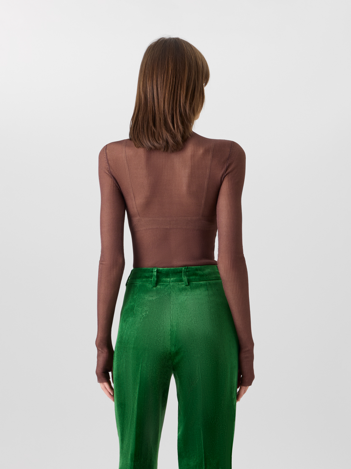 Designer Transparent Silk Fine Rib Sweater with Thumb Holes - brown 