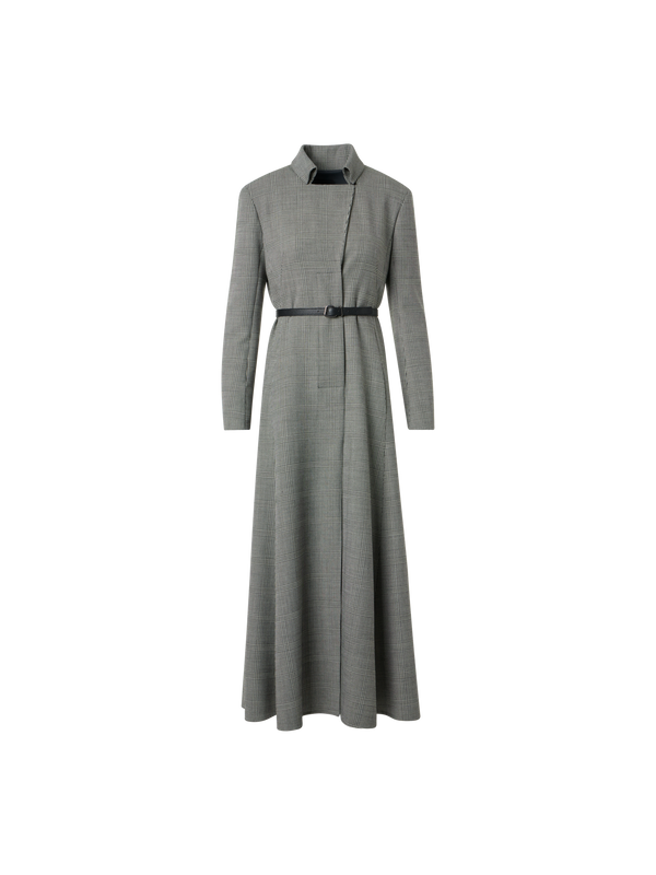 Designer Prince of Wales Check Wool Double-Face Midi Dress - grey