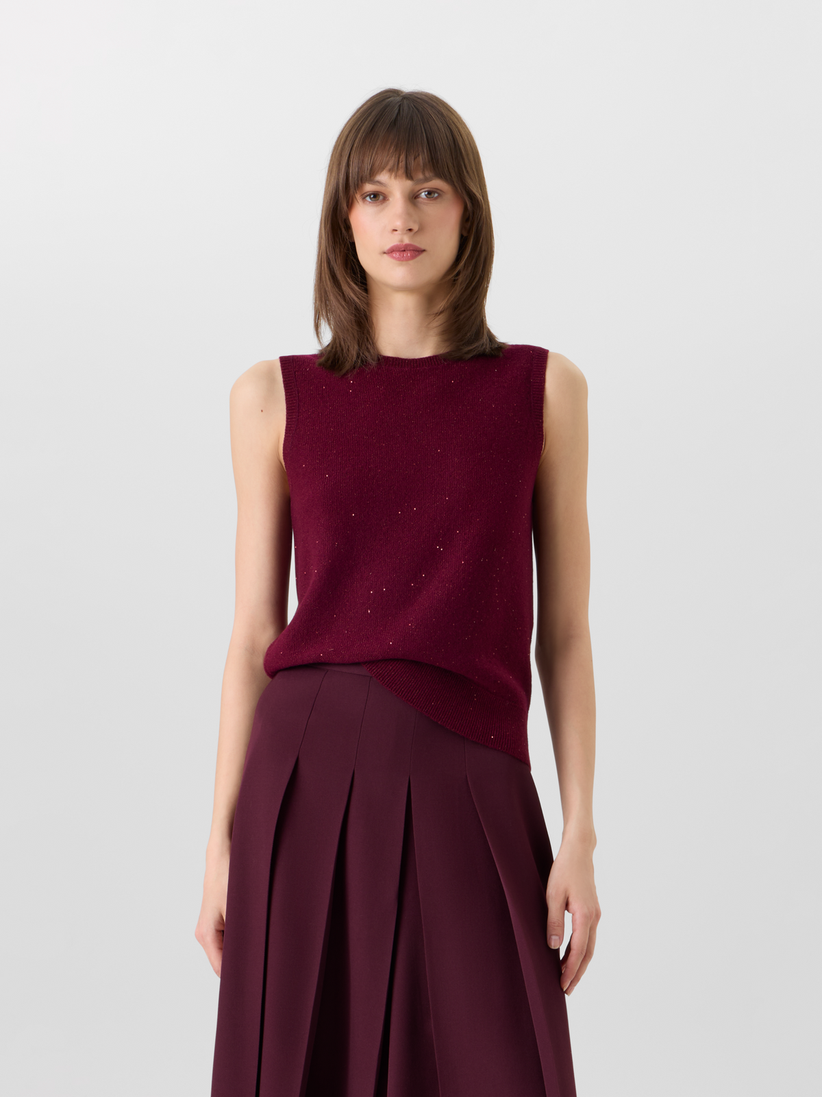 Designer Sleeveless Cashmere Lamé Top with Fine Sequins - wine - red 